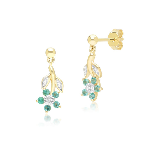 Boucles d'Oreilles Pendantes Floral avec Emeraude & Diamant en Or Jaune 9ct