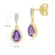 Boucles d'oreilles pendantes classiques en or jaune 9 carats avec améthyste et diamants