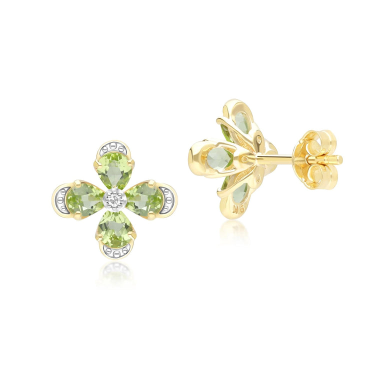 Boucles d'Oreilles Clou Floral aovec Péridot et Diamant en Or Jaune 9ct