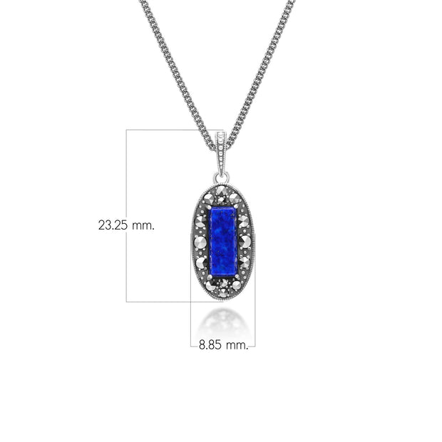 Pendentif Style Art Déco Oval en Argent Sterling avec Lapis Lazuli et Marcassite