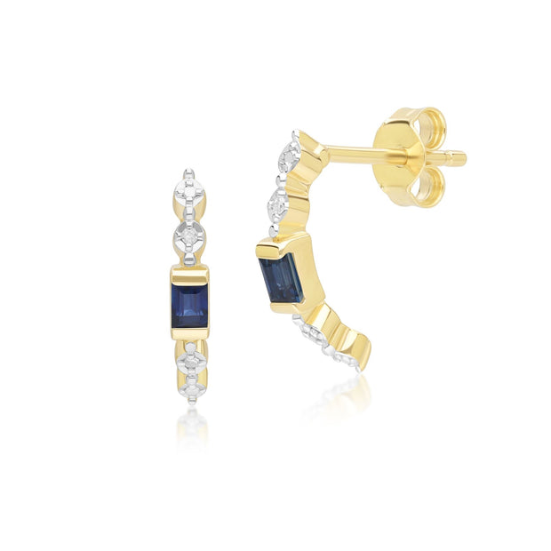 Boucles d'Oreilles Baguette Demi-Eternité Créoles Classiques en Or Jaune 9ct avec Saphir et Diamants