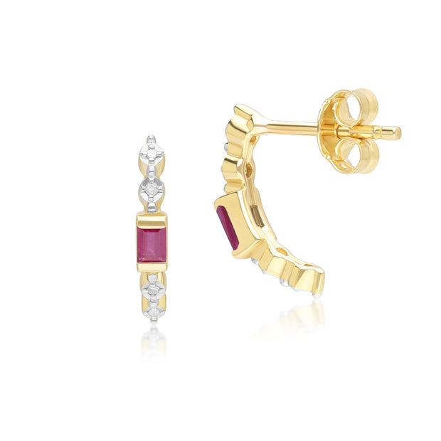 Boucles d'Oreilles Baguette Demi-Eternité Créoles Classiques en Or Jaune 9ct avec Rubis et Diamants