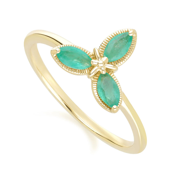 Bague Floral avec Emeraude Marquise en Or Jaune 9ct