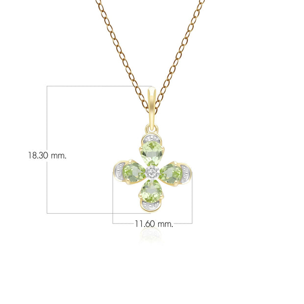 Pendentif Floral avec Péridot & Diamant en Or Jaune 9ct