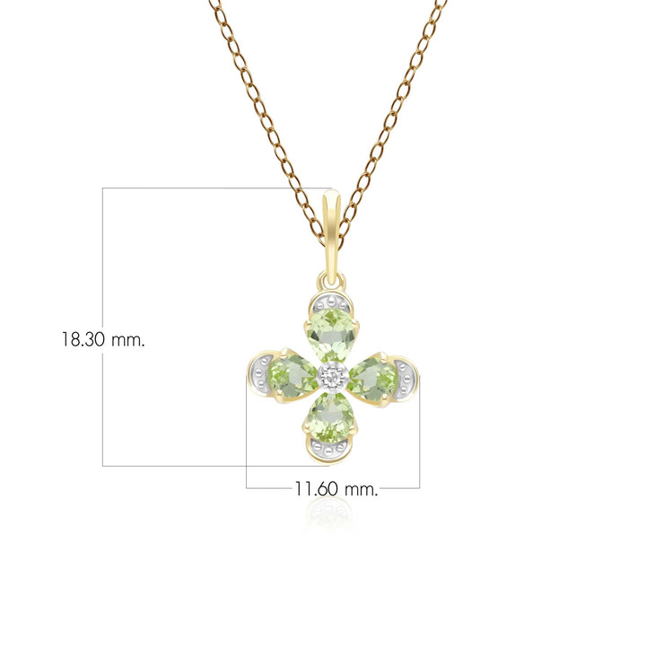 Pendentif Floral avec Péridot & Diamant en Or Jaune 9ct