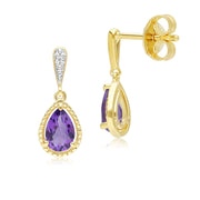 Boucles d'oreilles pendantes classiques en or jaune 9 carats avec améthyste et diamants