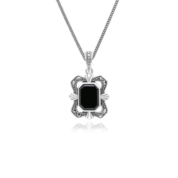 Pendentif Baguette Style Art Déco en Argent 925 avec Onyx et Marcassite