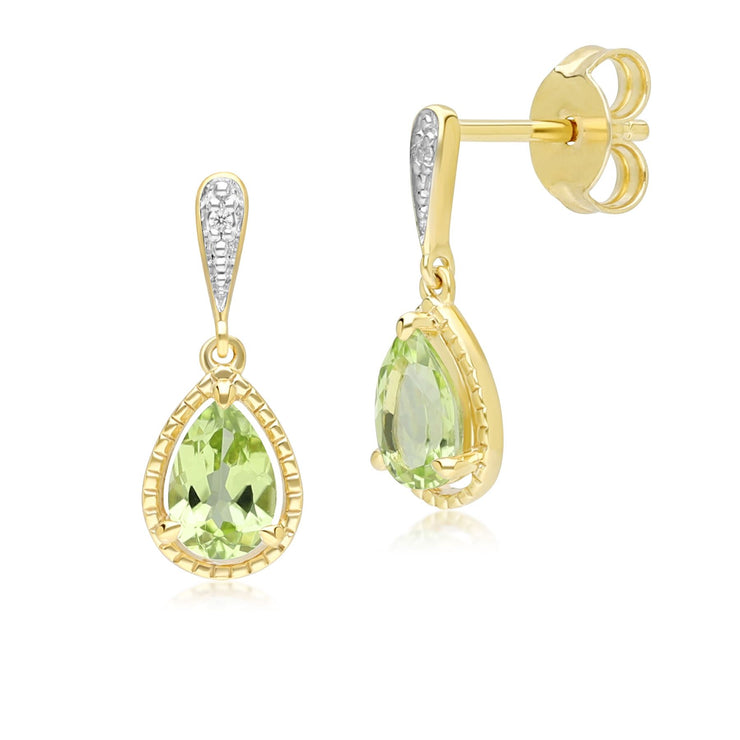 Boucles d'oreilles pendantes classiques en or jaune 9 carats avec péridot et diamants