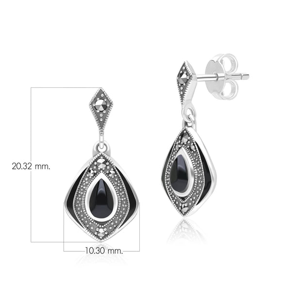 Boucles d'Oreilles Pendantes Style Art Déco Losange en Argent Sterling avec Onyx et Marcassite