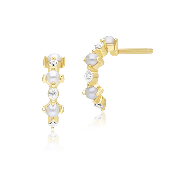 Boucles d'Oreilles Eternité Demi-Créoles Classique en Or Jaune 9ct avec Perle et Diamant