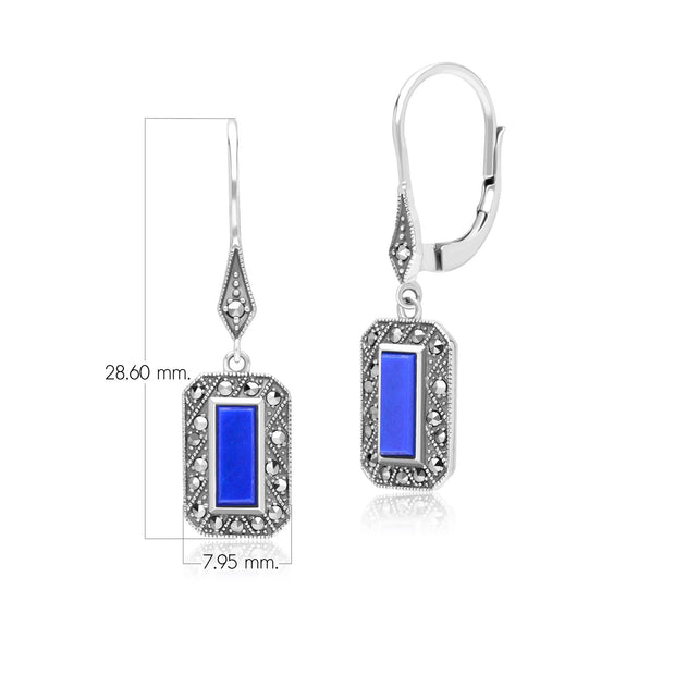 Boucles d'Oreilles Pendantes Style Art Déco Rectangulaire en Argent Sterling avec Lapis Lazuli et Marcassite