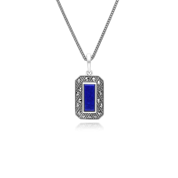 Pendentif Style Art Déco Rectangulaire en Argent Sterling avec Lapis Lazuli et Marcassite