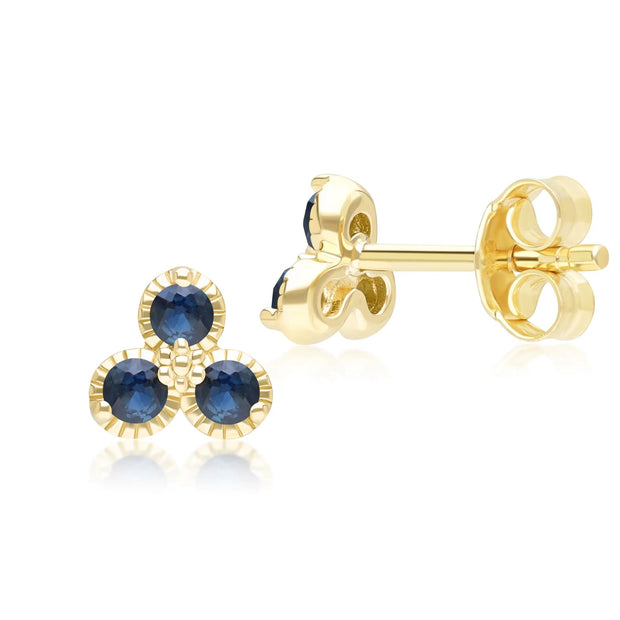 Boucles d'Oreilles Clou Floral avec Trois Saphirs en Or jaune 9 carats