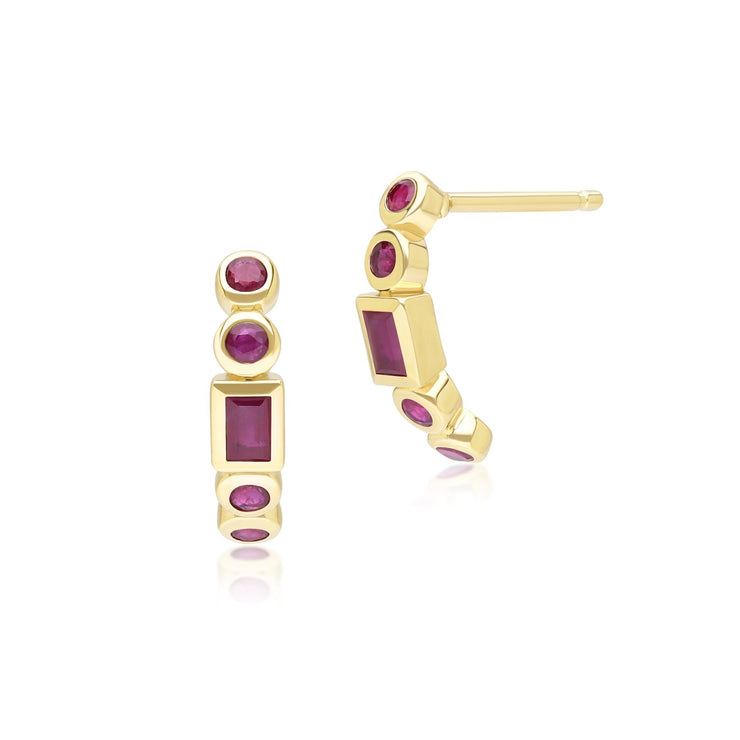 Boucles d'Oreilles Demi-Eternité Créoles Classiques en Or Jaune 9ct avec Rubis