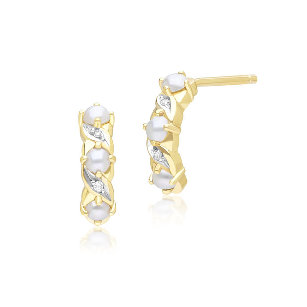 Boucles d'Oreilles Eternité Demi-Créoles Classique Style Art Nouveau en Or Jaune 9ct avec Perle et Diamant