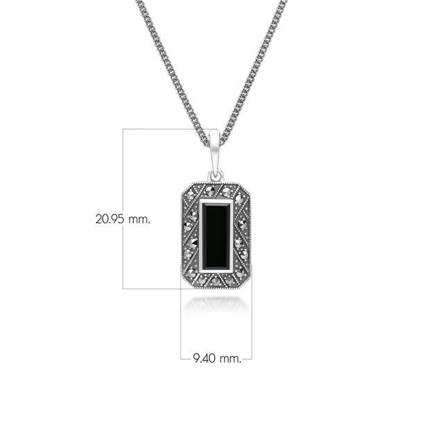 Pendentif Style Art Déco Rectangulaire en Argent Sterling avec Onyx et Marcassite