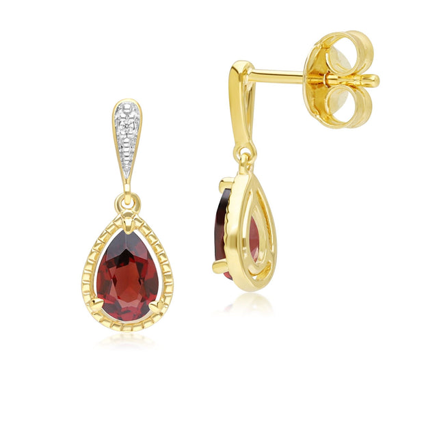 Boucles d'oreilles pendantes classiques en or jaune 9 carats avec grenat et diamants