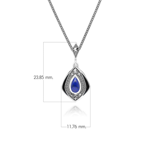 Pendentif Style Art Déco Losange en Argent Sterling avec Lapis Lazuli et Marcassite