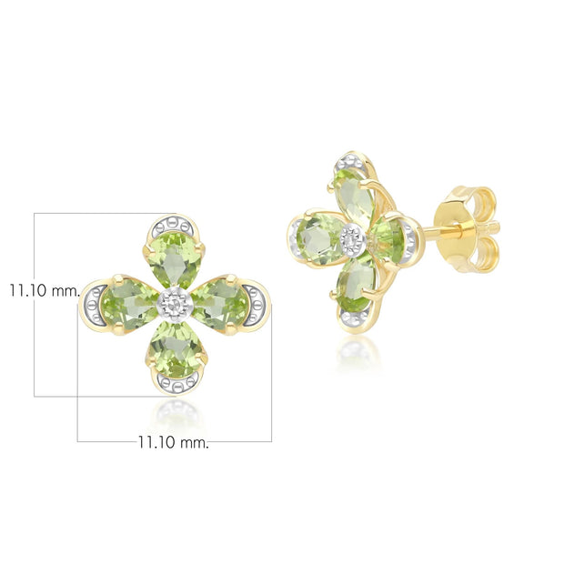 Boucles d'Oreilles Clou Floral aovec Péridot et Diamant en Or Jaune 9ct