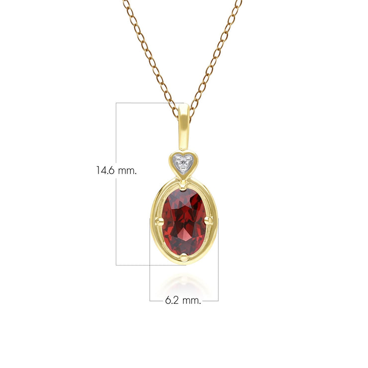 Collier pendentif coeur classique ovale en grenat et diamant en or jaune 9 carats