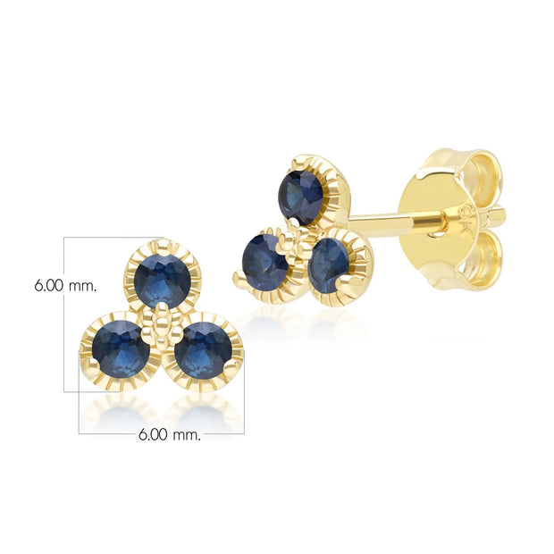 Boucles d'Oreilles Clou Floral avec Trois Saphirs en Or jaune 9 carats