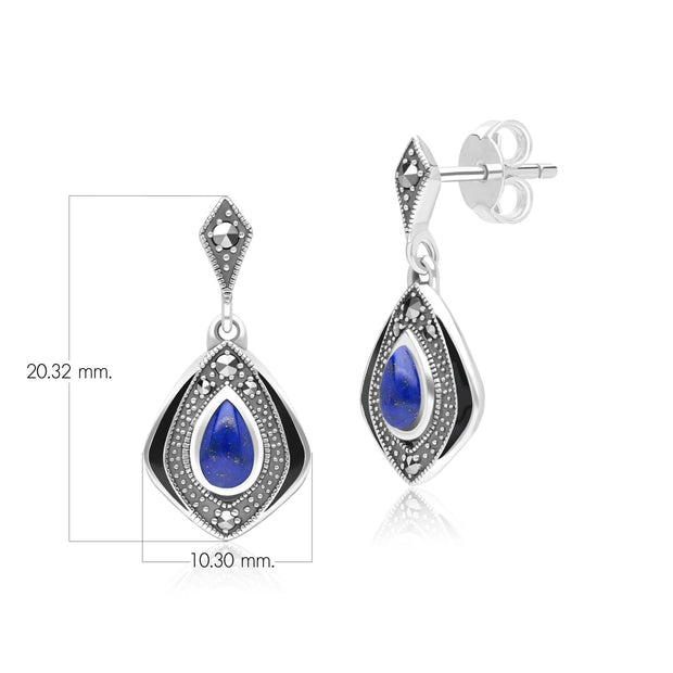 Boucles d'Oreilles Pendantes Style Art Déco Losange en Argent Sterling avec Lapis Lazuli et Marcassite