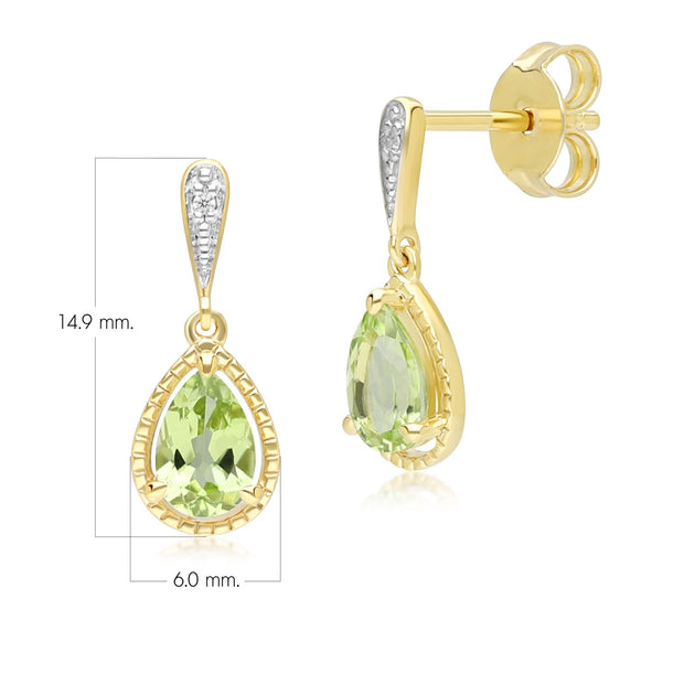 Boucles d'oreilles pendantes classiques en or jaune 9 carats avec péridot et diamants