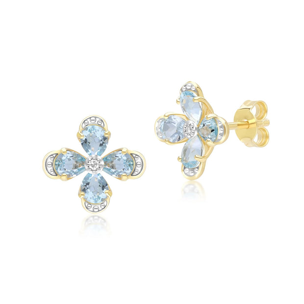 Boucles d'Oreilles Clou Floral avec Topaze & Diamant en Or Jaune 9ct