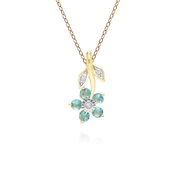 Pendentif Floral avec Emeraudes & Diamant en Or Jaune 9ct