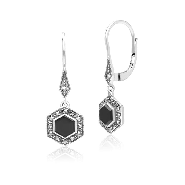 Boucles d'Oreilles Pendantes Style Art Déco en Argent Sterling 925 avec Onyx Hexagone et Marcassite