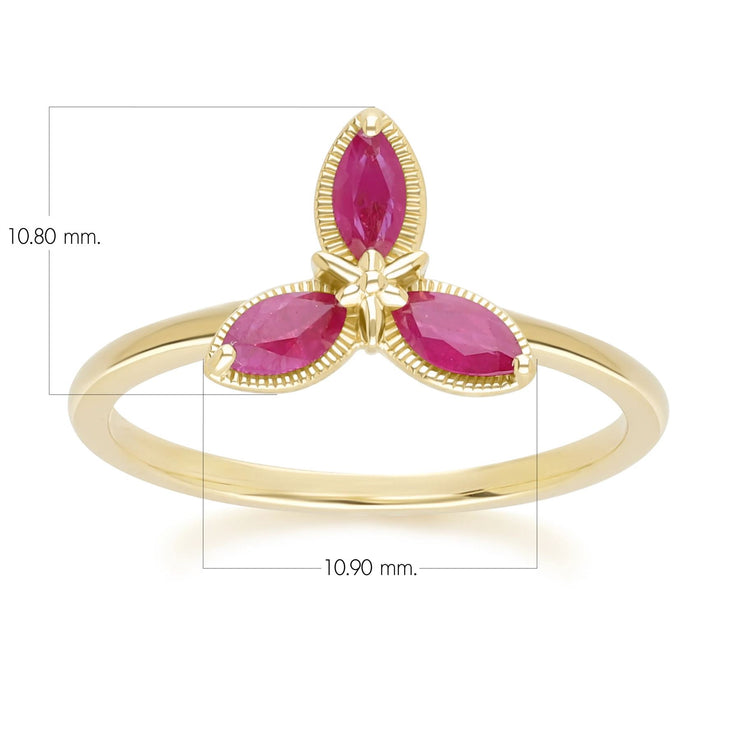 Bague Floral avec Rubis Marquise en Or Jaune 9ct