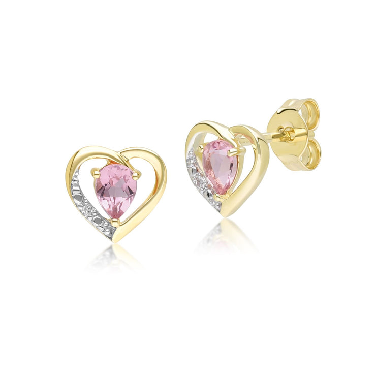 Boucles d'oreilles clou en forme de cœur avec tourmaline rose et diamants en or jaune 9 carats