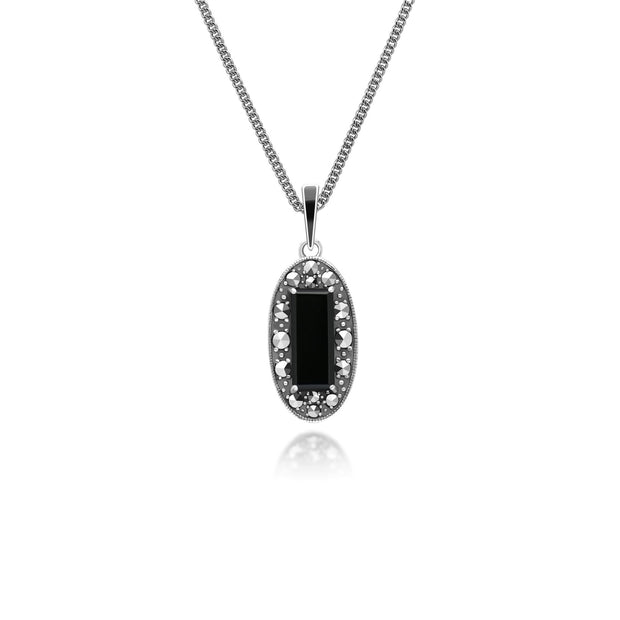 Pendentif Style Art Déco Oval en Argent Sterling avec Onyx, Marcassite et Email Noir