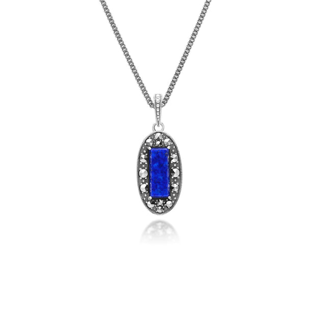 Pendentif Style Art Déco Oval en Argent Sterling avec Lapis Lazuli et Marcassite