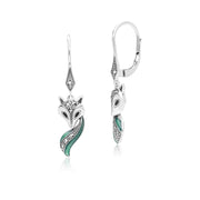 Boucles d'Oreilles Pendantes Renard Style Art Nouveau en Argent Sterling avec Marcasiteet Email Noir et Vert