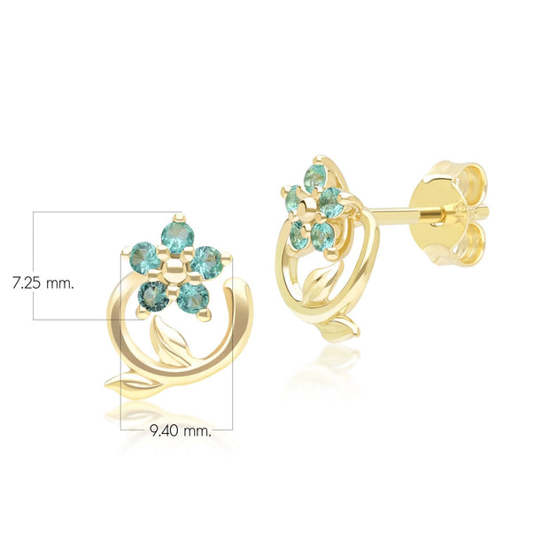 Boucles d'Oreilles Clou Floral Vigne avec Emeraudes en Or Jaune 9ct