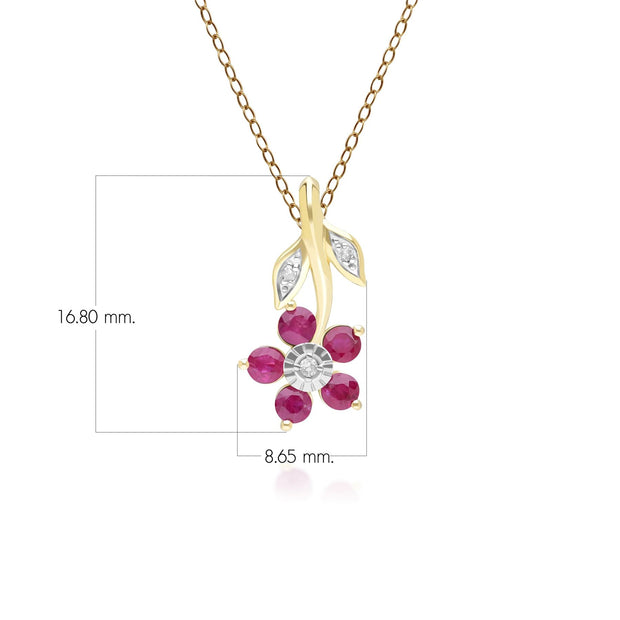 Pendentif Floral avec Rubis & Diamant en Or Jaune 9ct