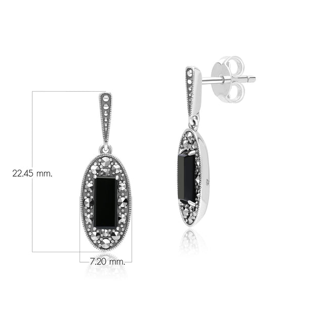 Boucles d'Oreilles Pendantes Style Art Déco Oval en Argent Sterling avec Onyx et Marcassite