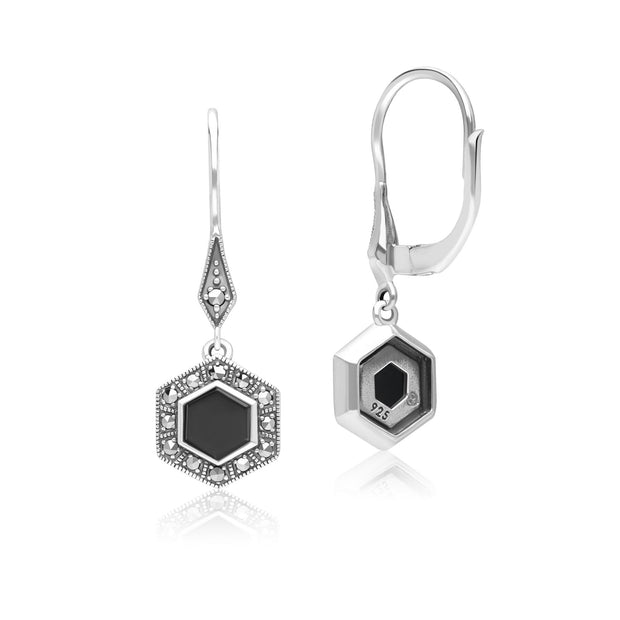 Boucles d'Oreilles Pendantes Style Art Déco en Argent Sterling 925 avec Onyx Hexagone et Marcassite