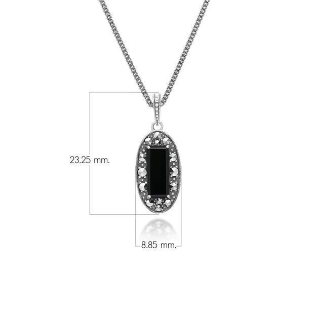 Pendentif Style Art Déco Oval en Argent Sterling avec Onyx et Marcassite