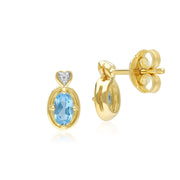 Boucles d'oreilles clou en forme de cœur avec topaze ovale et diamants classiques en or jaune 9 carats