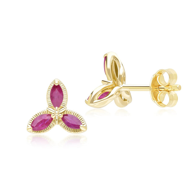 Boucles d'Oreilles Clou Floral avec Rubis Marquise en Or Jaune 9ct