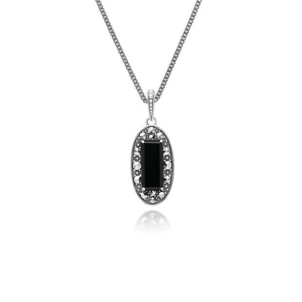 Pendentif Style Art Déco Oval en Argent Sterling avec Onyx et Marcassite