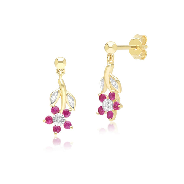 Boucles d'Oreilles Pendantes Floral avec Rubis & Diamant en Or Jaune 9ct