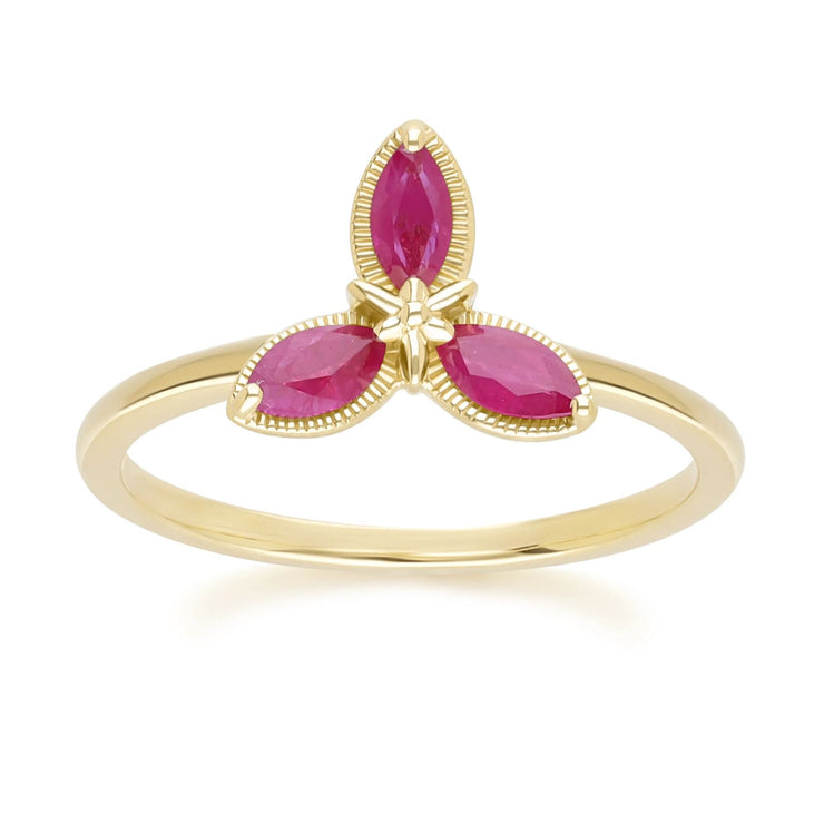 Bague Floral avec Rubis Marquise en Or Jaune 9ct