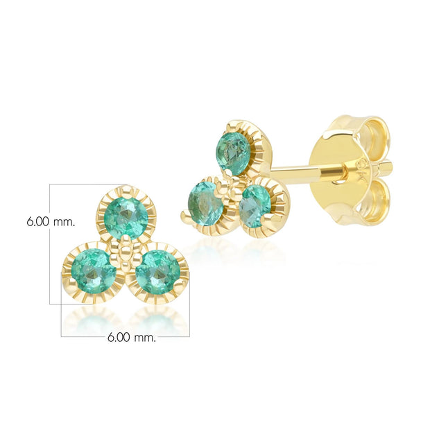 Boucles d'Oreilles Clou Floral avec Trois Emeraudes en Or Jaune 9 Carats