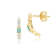 Boucles d'Oreilles Baguette Demi-Eternité Créoles Classiques en Or Jaune 9ct avec Emeraude et Diamants