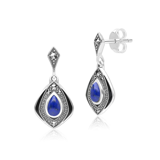 Boucles d'Oreilles Pendantes Style Art Déco Losange en Argent Sterling avec Lapis Lazuli et Marcassite