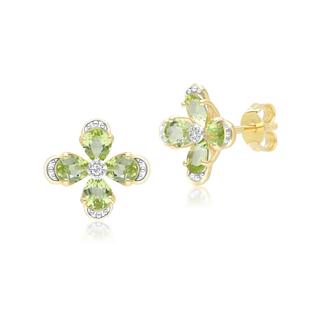 Boucles d'Oreilles Clou Floral aovec Péridot et Diamant en Or Jaune 9ct