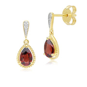 Boucles d'oreilles pendantes classiques en or jaune 9 carats avec grenat et diamants